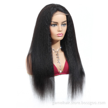 GMhair 28 30 Inch Yaki Kinky Straight Lace Wig Brazilian Remy Human Hair Pre Plucked Swiss 4X4 Lace Closure Wig For Black Women